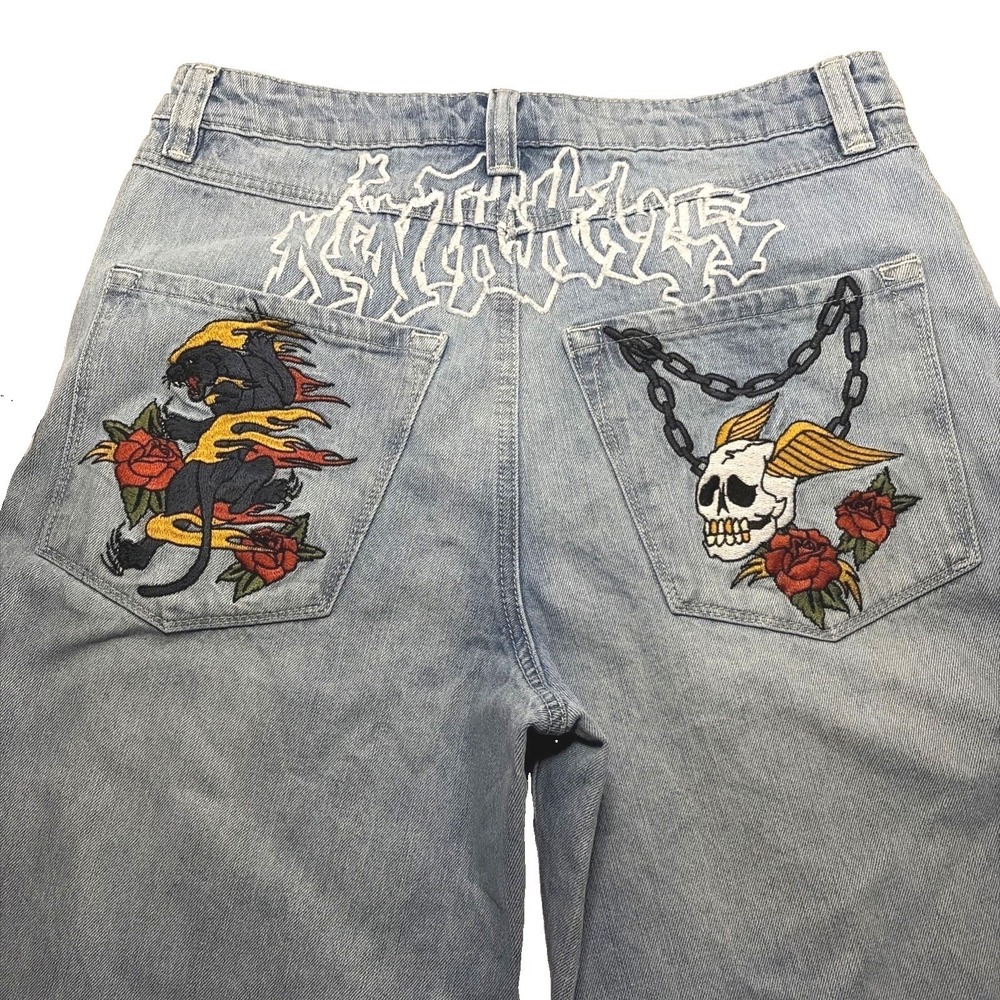 Ninth Hall Men's Jeans Ambush Y2K Grunge Baggy Embroidered Skull Panther